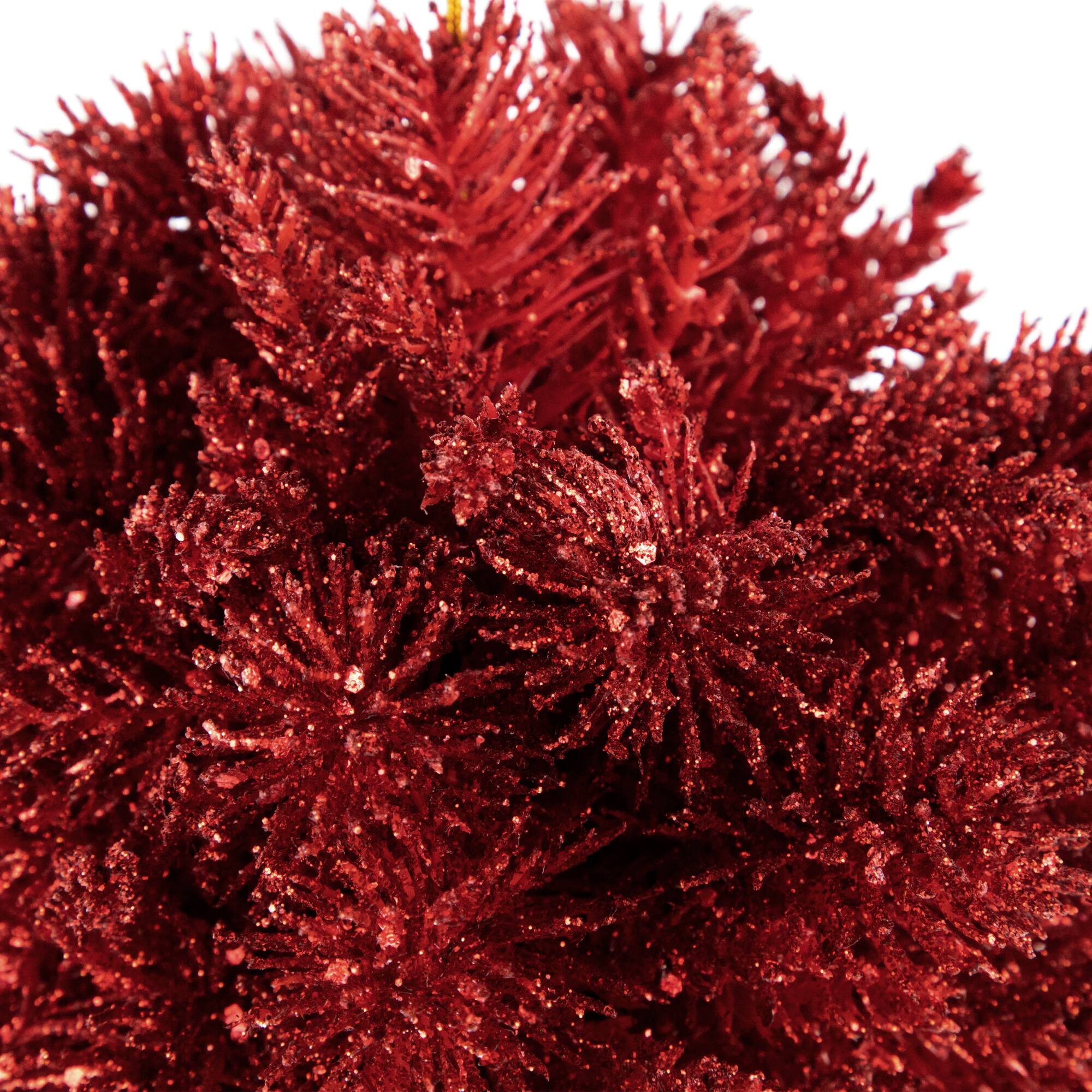Red Glittered Pine Leaf Christmas Plastic Ball Ornament